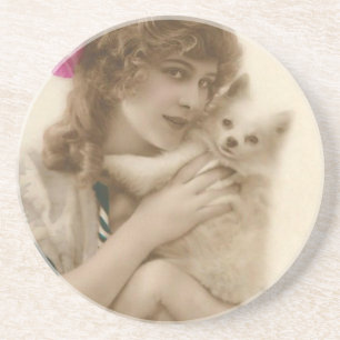 Antique Photo Victorian Woman and Dog Coaster