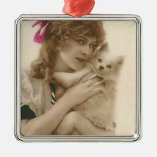 Antique Photo Victorian Woman and Dog Metal Tree Decoration