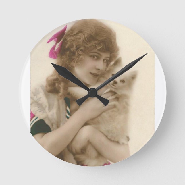 Antique Photo Victorian Woman and Dog Round Clock (Front)