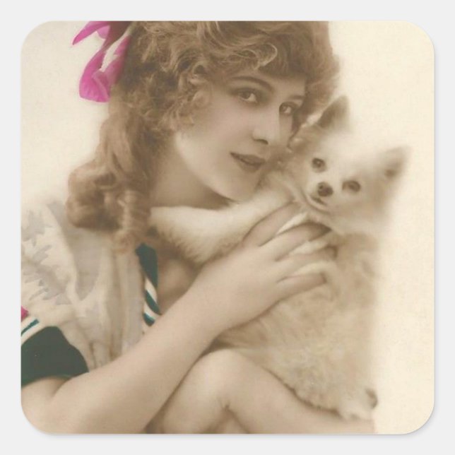 Antique Photo Victorian Woman and Dog Square Sticker (Front)