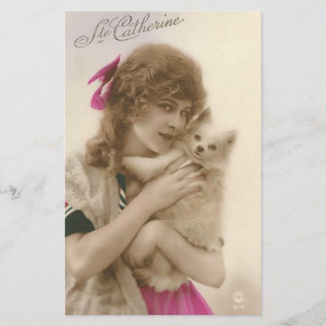 Antique Photo Victorian Woman and Dog Stationery (Front)