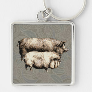 Antique Pigs Vintage piggy drawing Key Ring