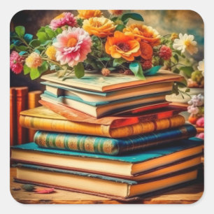 Antique Pile of Vintage Books and Flowers Square Sticker