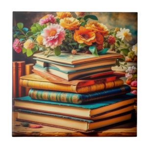 Antique Pile of Vintage Books and Flowers Tile