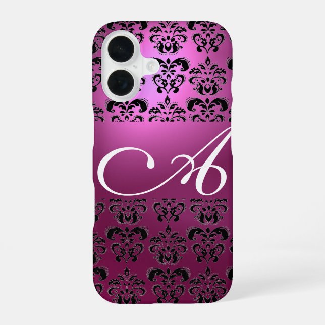 ANTIQUE PINK BLACK DAMASK  MONOGRAM iPhone 16 CASE (Back)