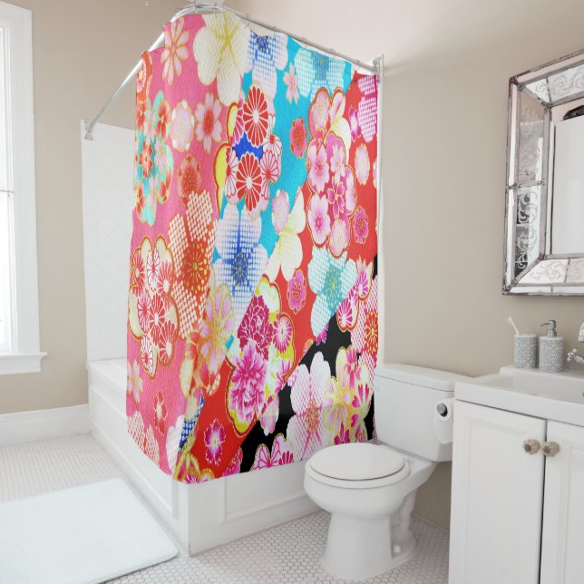 Antique Pink Blue Red Japanese Kimono Floral  Shower Curtain (In Situ)