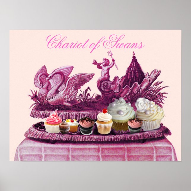 ANTIQUE PINK CHARIOT OF SWANS AND CUPCAKES POSTER (Front)