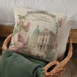 Antique Pink Floral Vintage Bicycle French Paris Cushion<br><div class="desc">Antique Pink Floral Vintage Bicycle French Paris Throw Pillow Cushion features a collage of French architecture with antique pink flowers with a french script overlay. Perfect for home decor or as a gift for birthday,  Mother's Day or Christmas. Designed by Evco Studio www.zazzle.com/store/evcostudio</div>