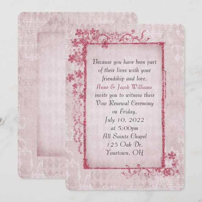 antique pink glittery floral frame for Vow Renewal Invitation (Front/Back)
