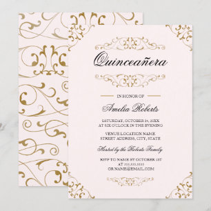 Antique Pink Gold Flourish Quinceanera Invitation