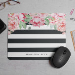 Antique Pink Peony & Charcoal Stripe Mouse Mat<br><div class="desc">Modern peony floral mousepad features chic off-black charcoal stripes with a bouquet of blush pink and sage green watercolor peonies blooming from the top. Personalise with a name,  monogram or message using the field provided.</div>