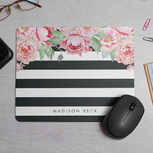 Antique Pink Peony & Charcoal Stripe Mouse Mat