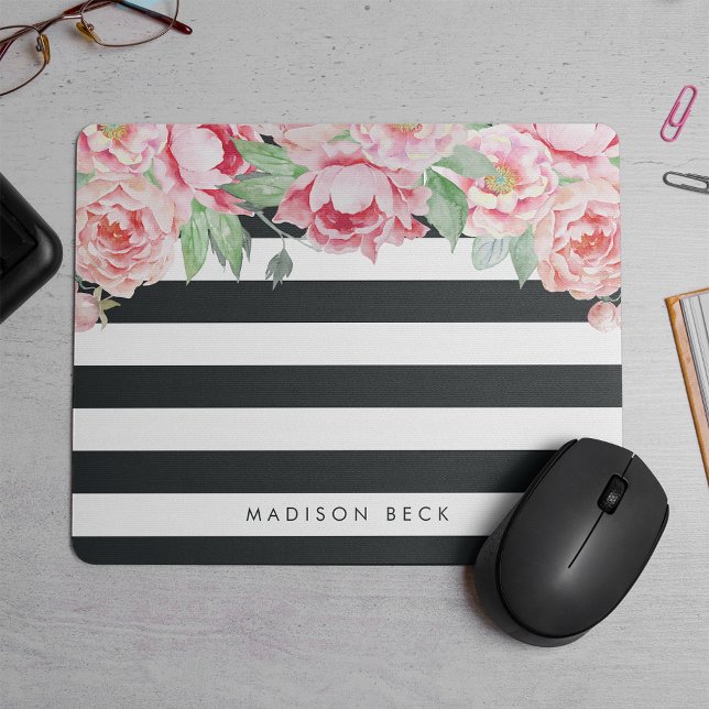 Antique Pink Peony & Charcoal Stripe Mouse Mat (Creator Uploaded)
