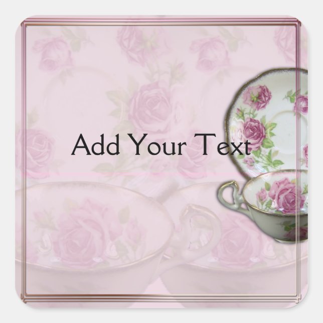 Antique Pink Rose Tea Cup on Mauve Square Sticker (Front)