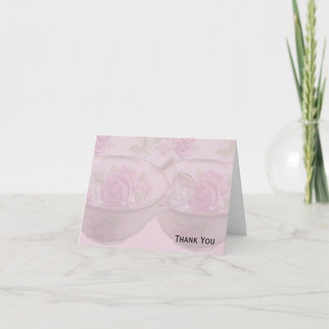 Antique Pink Rose Tea Cup on Mauve Thank You Card (Front)