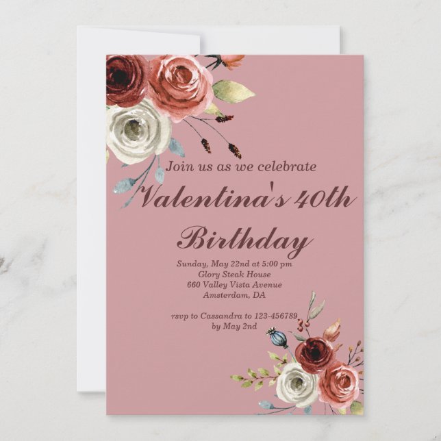 Antique Pink Watercolor Roses 40th Birthday Invitation (Front)