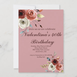 Antique Pink Watercolor Roses 40th Birthday Invitation