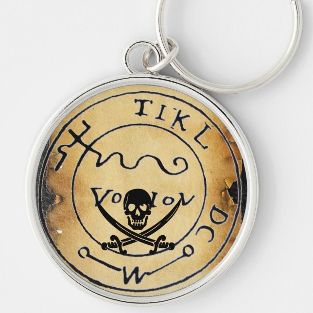 ANTIQUE  PIRATES TREASURE MAP ,SKULL AND SWORDS KEY RING (Front)