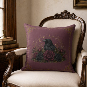 Antique Plum Victorian Gothic Raven Floral Throw Cushion
