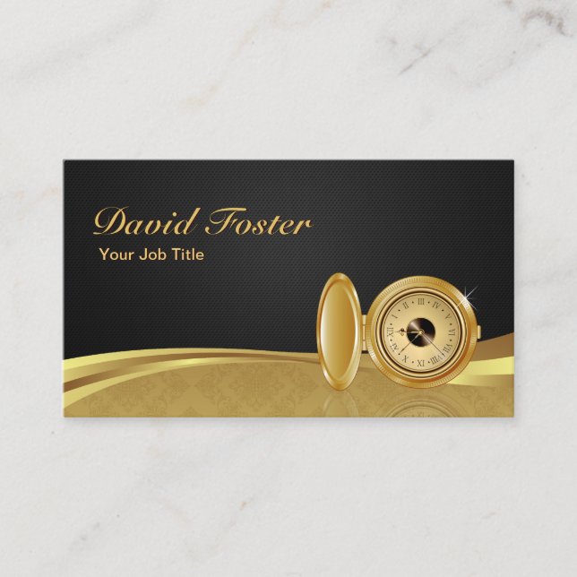 Antique Pocket Watch Black Gold Elegant Damask Business Card (Front)