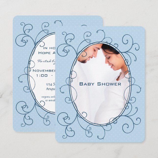 Antique Polka Dots Blue Photo Baby Boy Shower Invitation (Front/Back)