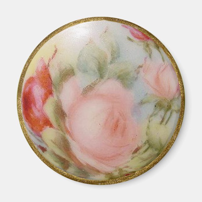 Antique Porcelain Button Art, Roses Magnet (Front)