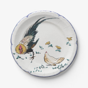 Antique porcelain rooster hen farmhouse blue white paper plate