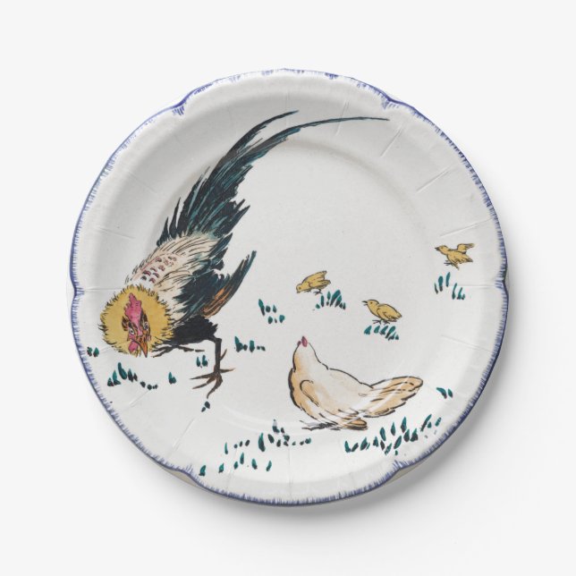 Antique porcelain rooster hen farmhouse blue white paper plate (Front)