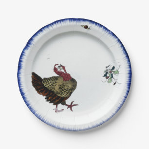 Antique porcelain turkey design Thanksgiving blue  Paper Plate