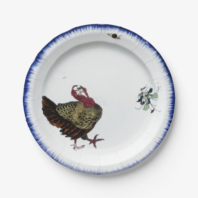 Antique porcelain turkey design Thanksgiving blue  Paper Plate (Front)