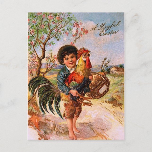 Antique Post Card Easter Boy Rooster Gorgeous (Front)