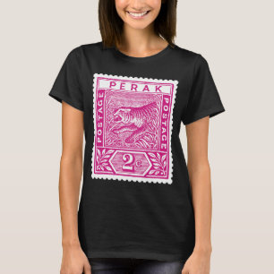 Antique Postage Stamp Perak Tiger in Pink T-Shirt