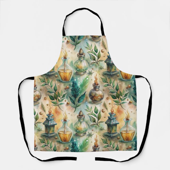 Antique Potion Bottles Green Amber Botanical Apron (Front)