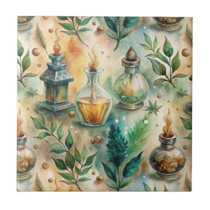 Antique Potion Bottles Green Amber Botanical Tile