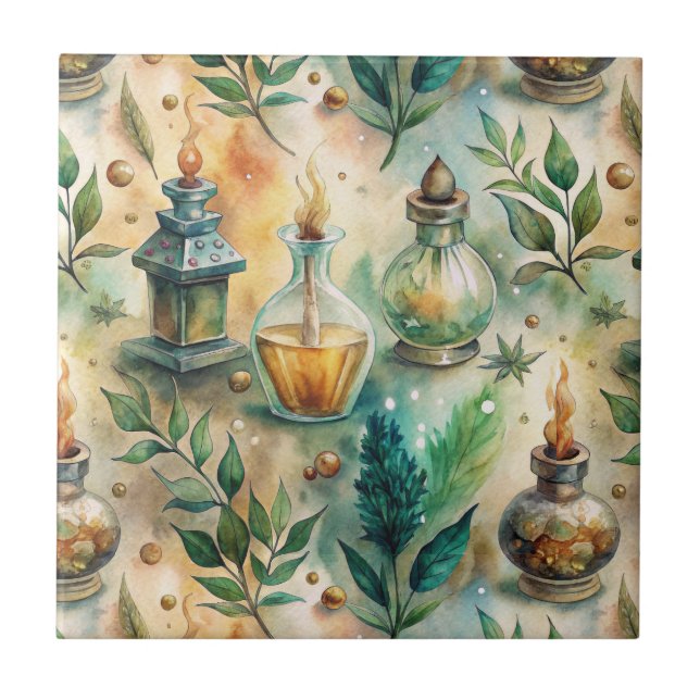 Antique Potion Bottles Green Amber Botanical Tile (Front)