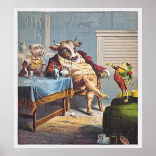 Antique Print Ox Dog and Frog