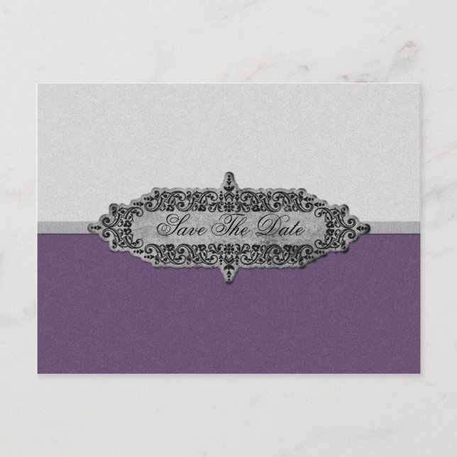 Antique Purple and Silver Save The Date Announcement Postcard (Front)