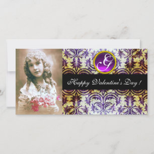 ANTIQUE PURPLE DAMASK Amethyst Monogram black Holiday Card