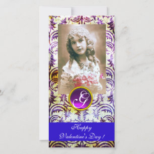ANTIQUE PURPLE DAMASK Amethyst Monogram blue Holiday Card