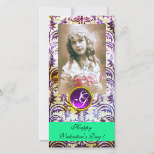 ANTIQUE PURPLE DAMASK Amethyst Monogram green Holiday Card