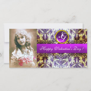 ANTIQUE PURPLE DAMASK Amethyst Monogram Holiday Card