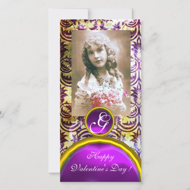 ANTIQUE PURPLE DAMASK Amethyst Monogram Holiday Card (Front)