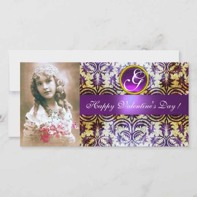 ANTIQUE PURPLE DAMASK Amethyst Monogram Holiday Card (Front)