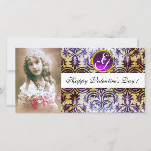 ANTIQUE PURPLE DAMASK Amethyst Monogram white Holiday Card