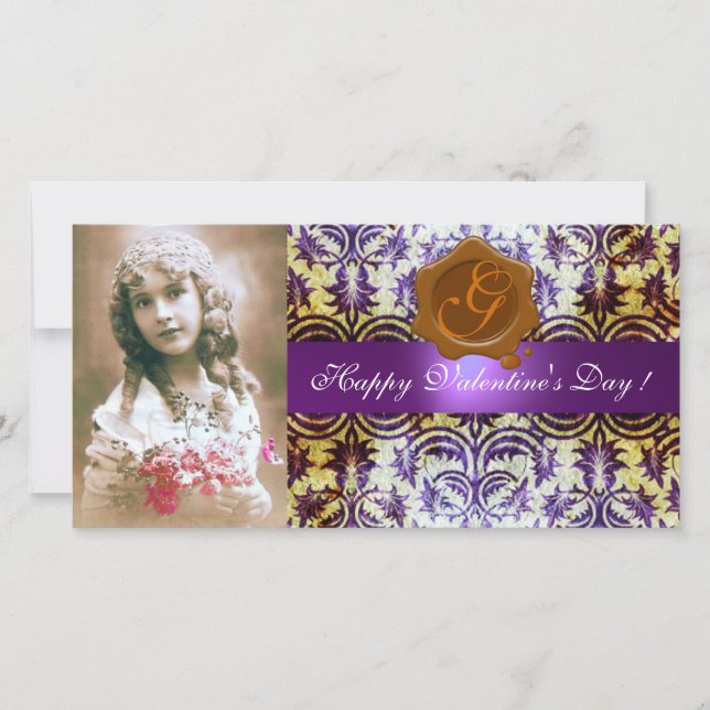 ANTIQUE PURPLE DAMASK BROWN WAX SEAL Monogram Holiday Card (Front)