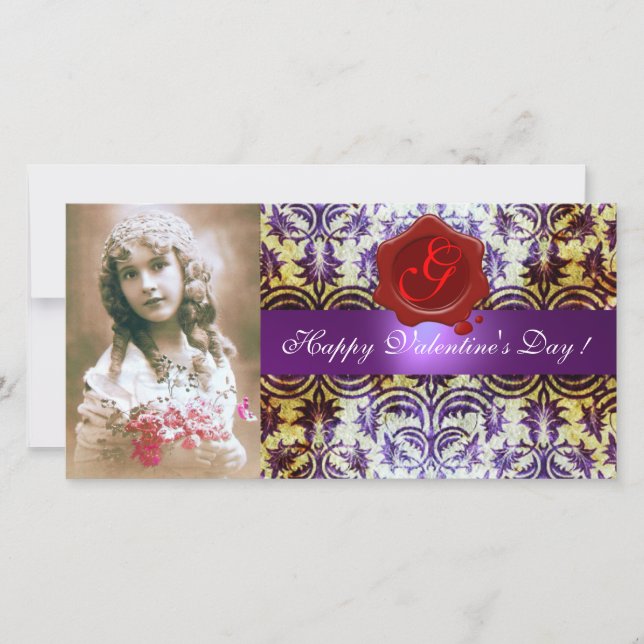 ANTIQUE PURPLE DAMASK RED WAX SEAL Monogram Holiday Card (Front)