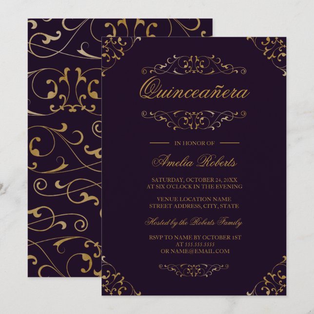 Antique Purple Gold Flourish Quinceanera Invite (Front/Back)