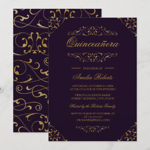 Antique Purple Gold Flourish Quinceanera Invite