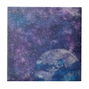 Antique Purple Star Chart World Map Tile