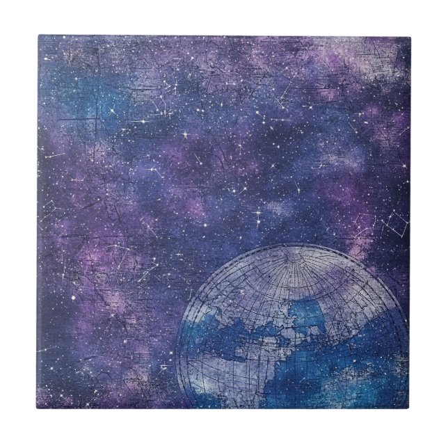 Antique Purple Star Chart World Map Tile (Front)